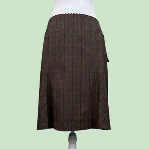 brown and burgundy plaid y2k style midi skirt